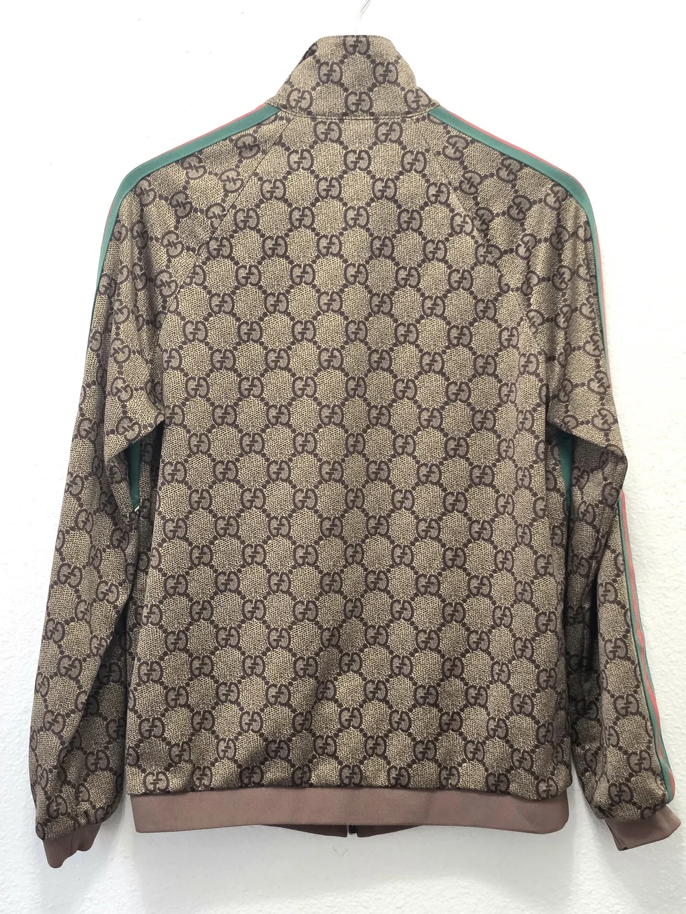 Gucci Brown Monogram Bomber Jacket with Green & Pink Chevron